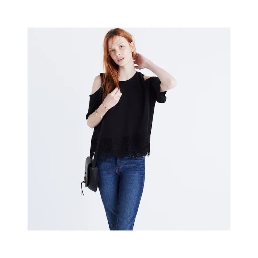 Madewell 100% Silk Cold Shoulder Top Black Lace Trim Women Size M Boho Chic